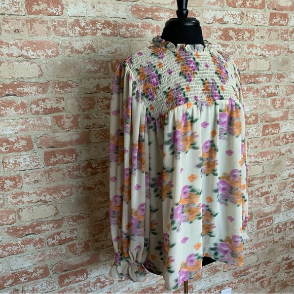 ENTRO Floral Blouse Large Cream Lavender Orange Smocked Semi-Sheer Boho - Picture 3 of 12